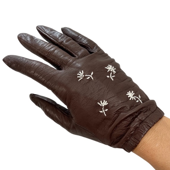 VTG 50s Gant Trefousse France brown leather embroidered short driving gloves 7 - Picture 1 of 16